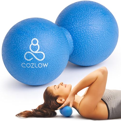 Peanut Massage Ball - Solid TPE - Deep Tissue Pain Relief - Blazing Blue | Cozlow 5" ultra firm double lacrosse massage ball, trigger point roller for mobility, acupressure tool for myofascial release