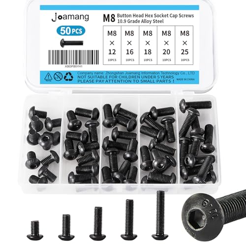M8 x 12mm 16mm 18mm 20mm 25mm Button Head Socket Cap Screws Bolts, 10.9 Grade Alloy Steel, Black Oxide Finish, Metric Allen Hex Drive, Fully Threaded, Assortment Kit 50Pcs - size: Button M8x12-25 mm