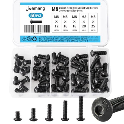 M8 x 12mm 16mm 18mm 20mm 25mm Button Head Socket Cap Screws Bolts, 10.9 Grade Alloy Steel, Black Oxide Finish, Metric Allen Hex Drive, Fully Threaded, Assortment Kit 50Pcs - size: Button M8x12-25 mm