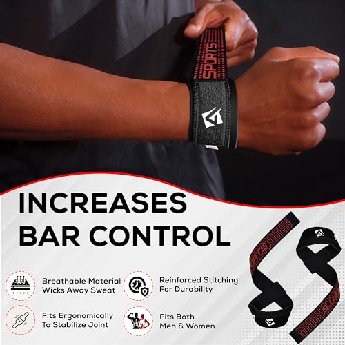 AQF Weight Lifting Straps, Padded Cotton Gym Wrist Straps for Deadlifts | 23" Extra-Long, Heavy-Duty Webbing, 5mm Neoprene Cushioning, Open-Loop Design, Sold as Pair, Ideal for Rows & Pull Workout - color: Black/Red Gel Grip