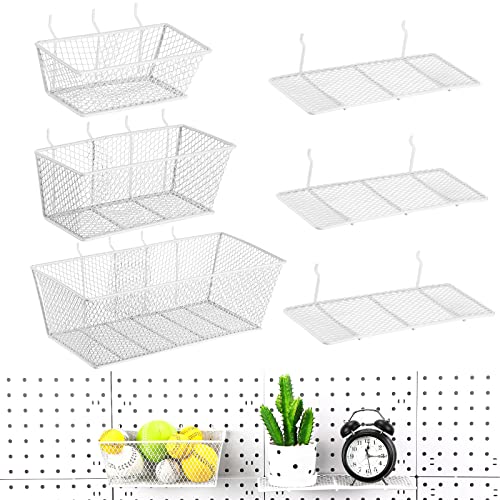 Sieral 6 Pieces Pegboard Baskets Wall Mount Wire Peg Board Baskets 3 Sizes Pegboard Accessories Slatwall Bins Basket Home Garage Hanging Organizer for Tools and Craft(White) - color: White