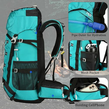 60L Travel Hiking Camping Backpack with Rain Cover, Backpack Water Resistant,Climbing Backpack for Men Women - color: Lake Blue