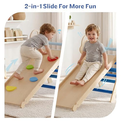 bbgroundgrm 8-in-1 Wooden Climbing Set for Toddlers with Cushion, Foldable Montessori Indoor Climber with Arch, Ramp and Triangle Ladder, Natural Wood Play Gym for Kids 1-3