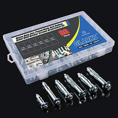 Glarks 80Pcs 6 Size Heavy Duty Zinc Plated Steel Molly Bolt Hollow Drive Wall Anchor Screws Assortment Kit for Drywall, Plaster and Tile - size: 80Pcs 6 Sizes Assortment Set