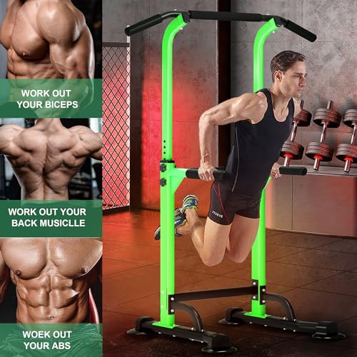 DlandHome Power Tower Pull Up Dip Station Multi-Function Fitness Equipment for Strength Training Adjustable Height Dip Stand for Home Gym - color: Green