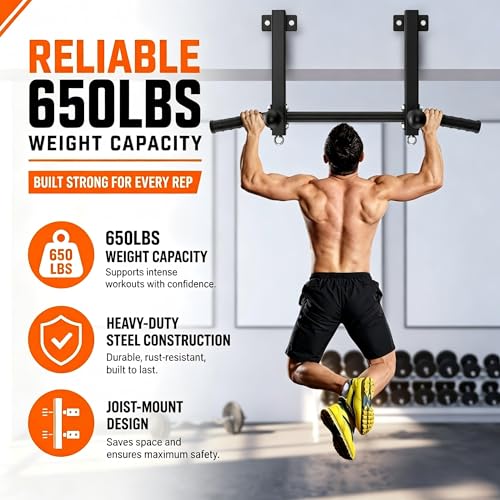 Joist Mounted Pull Up Bar, 650LB Load, Fit 16" Ceiling Beam Spacing | Multi-Grip with Finger Balls, 2 Suspension Rings, Fit Solid Concrete and Wood Mount, Home Gym, Garage & Basement