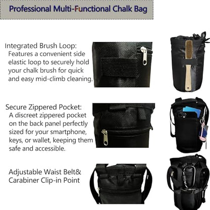 Rock Climbing Chalk Bag & Bouldering Bucket, 7.5" Oxford with Zipper Pocket - Lightweight Gym Accessories for Men Women (Black/Charcoal Grey) - color: Black