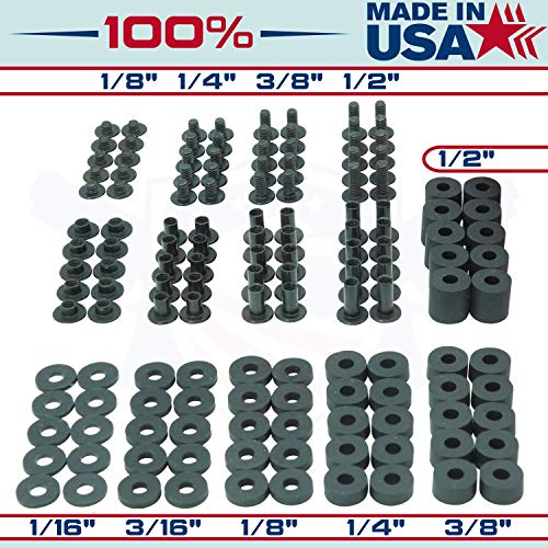 Black Chicago Screw - Thru Hole Binding Post Kit 1/8, 1/4, 3/8, 1/2 Inch Machine Screw Fasteners + Rubber Washers, QuickClipPro Kydex Leather Holster Sheath - size: 1/8" - 10 Pack