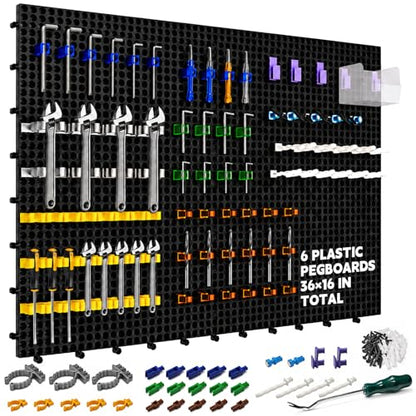Plastic Pegboard Wall Organizer Kit, 6 Black Panels 36" x 16", 200 Accessories with Hooks, Clips & Holders, Modular Tool Storage Board for Garage, Workbench, Craft Room, Home Repair
