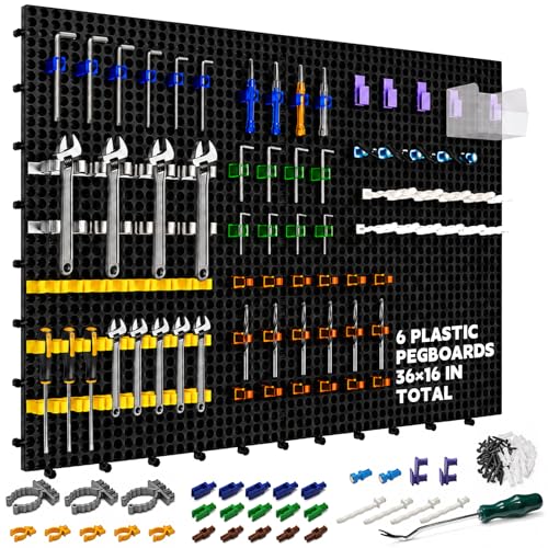 Plastic Pegboard Wall Organizer Kit, 6 Black Panels 36" x 16", 200 Accessories with Hooks, Clips & Holders, Modular Tool Storage Board for Garage, Workbench, Craft Room, Home Repair