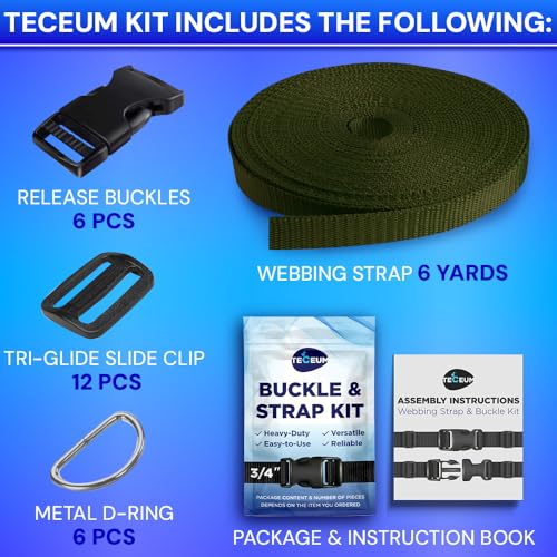 TECEUM 3/4" Nylon Strap Kit with Buckles, Khaki 6 yards Repair Set | Heavy duty hardware kit: 6yd webbing, 6 quick release buckles, 12 tri-glide slide clips, 6 metal D-rings for crafting. - color: Khaki, size: 3/4" - 6 yards, style: 6 Buckle - 12 Slides -