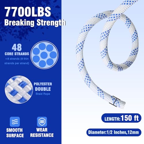 Double Block and Tackle Pulley System with 150Ft x 1/2'' Rope Pulley 7700 LB(35KN) Breaking Strength, 4:1 Lifting Power Sheave Pulley Hoist System for Garage, Attic Heavy Lifting - size: 1/2'' x 150ft