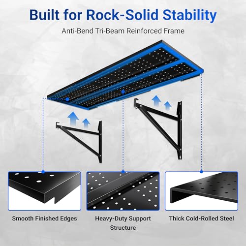 FLEXIMOUNTS 2-Pack 1x3ft Garage Shelving 14-inch-by-34-inch Perforated Wall Shelf, Heavy Duty Garage Storage Rack with 700 lbs Load Capacity, Wall Mounted Organization System for Tools, Heavy Bins - size: 14" x 34"