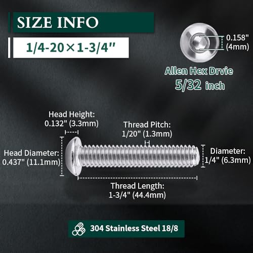 1/4-20 x 1-3/4" Button Head Socket Cap Bolts Screws, 304 Stainless Steel 18-8, Allen Hex Drive, Bright Finish, Fully Machine Thread, Pack of 100 - size: 1/4-20 x 1-3/4