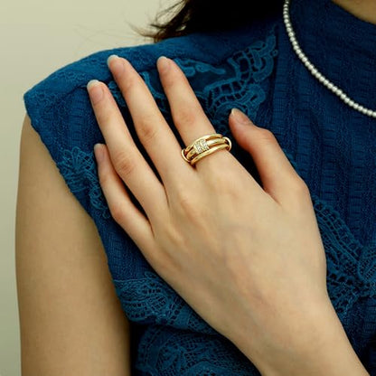 Gold Stackable Rings for Women Non Tarnish, Dainty 14K Gold/Silver Plated Cubic Zirconia Spinelli Ring Chunky Multi Rings Mixed Metals Ring Stack Set Non Tarnish Jewelry - color: Plain-Gold, size: 6