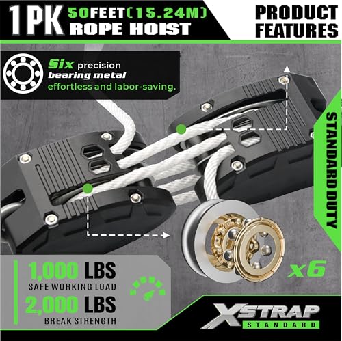 XSTRAP STANDARD Heavy-Duty 50 FT Reflective Rope Hoist Pulley System, White | Metal Wheels Bearing 2000 LB Breaking Strength Block and Tackle Pulley System for Lifting Heavy Objects, with 2pcs Soft Loops - color: 50ft White Upgraded