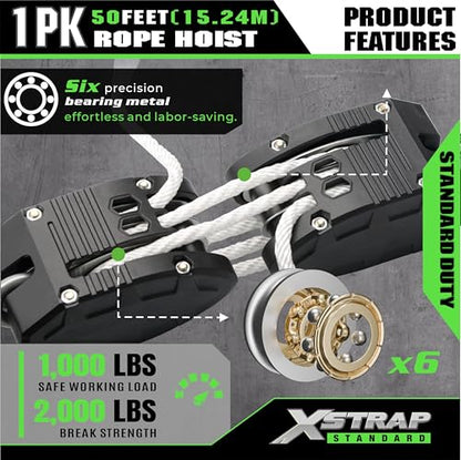XSTRAP STANDARD Heavy-Duty 50 FT Reflective Rope Hoist Pulley System, White | Metal Wheels Bearing 2000 LB Breaking Strength Block and Tackle Pulley System for Lifting Heavy Objects, with 2pcs Soft Loops - color: 50ft White Upgraded