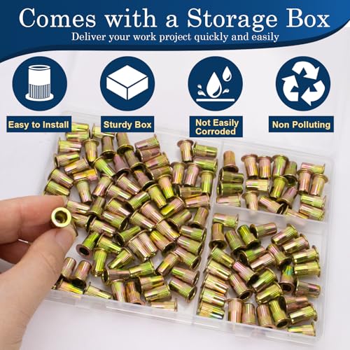 10-24 UNC Rivet Nut, 125Pcs Zinc Plated Finish Carbon Steel Flat Head Threaded Insert Nutsert Kit - color: Yellow, size: SAE #10-24 - 125 Pcs
