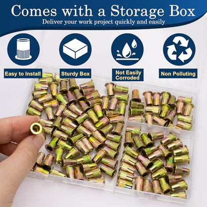 10-24 UNC Rivet Nut, 125Pcs Zinc Plated Finish Carbon Steel Flat Head Threaded Insert Nutsert Kit - color: Yellow, size: SAE #10-24 - 125 Pcs