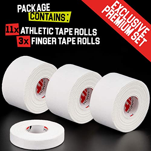 Athletic Tape Extremely Strong: 11 Rolls + 3 Finger Tape. Easy to Apply & No Sticky Residue. Sports Tape for Boxing, Football or Climbing. Enhance Wrist, Ankle & Hand Protection Now