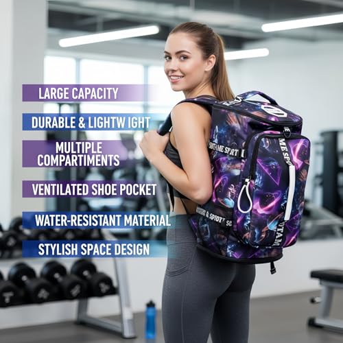 Gym Duffle Bag Backpack with Shoe Compartment,4 ways Travel Backpack for Women and Men,Multi-Functional Weekender bag with Waterproof Layer&Laptop Compartment for Fitness, Travel,Camping - color: Metallic