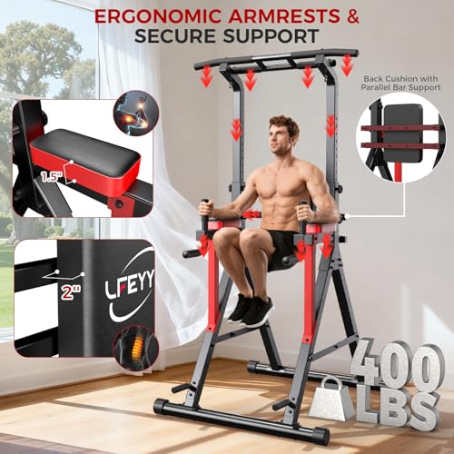 Power Tower Pull Up Bar Free Standing,Multi-Level Adjustable Height Dip Station, Multi-Grip Handles,Backrest,Home Gym Strength Training Equipment with Power Elastic Ropes,Capacity 400LBS