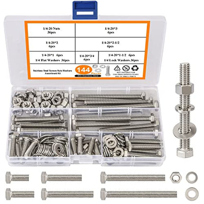 144PCS 1/4-20 Hex Bolts and Nuts Kit, Stainless Steel 1/4" Nuts and Bolts Assortment Kit, Flat & Lock Washers Set Screw Assortment Kit, Machine Screws Set - size: 144PCS 1/4-20 Hex Bolts Silver