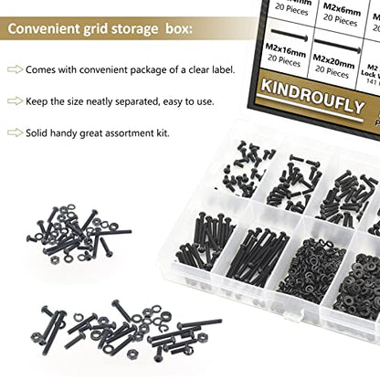 562 Pieces Black M2 x 4/6 /8/10 /12/16 /20mm Button Head Socket Cap Screws Nuts Washers Assortment Kit, 10.9 Grade Alloy Steel - size: M2, style: Button Head