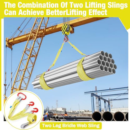 2 Pcs 3.3 FT Heavy Duty Polyester Lifting Rigging Straps Two Leg Bridle Web Sling with Hook & Twist Eye Lift Strap for Hoist Engine Crane Truck Tow Tree Stump 13227 Lbs Load Capacity, Yellow