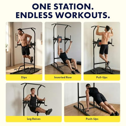 SQUATZ Power Tower Pull Up Station with Free Standing Pull Up Bar, Multi-Grip Workout Frame with 6 Adjustable Heights, H-Base Stability, Steel Construction, 330 lb Capacity for Home Gym, Black