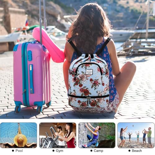 Dry Wet Drawstring Backpack with Shoe Compartment for Women Adjustable Gym Bag - color: Rose With Silver Silk