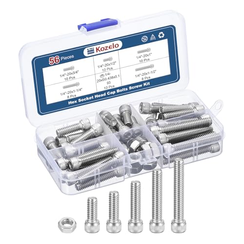 56pcs 1/4"-20 Socket Head Cap Screws Bolts Nuts Assortment Kit - [1/2" to 1-1/2"] 304 Stainless Steel Allen Socket Drive for 3D Printer