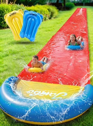 JAMBO 40Ft 3XL Updated Mega Slip Splash and Slide and 2 Bodyboards, Heavy Duty with Inflatable Crash Pad, Slide Splash Mat Outdoor Splash Mat n Backyard Water Toys - color: Blue, Green, Yellow