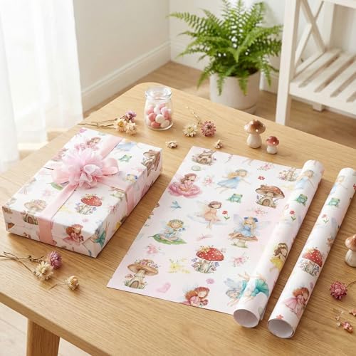 Liobelon Fairy Wrapping Paper Roll – 17" x 16.4 Ft Enchanted Forest Gift Wrap with Mushroom Houses, Flowers & Butterflies – Magical Birthday, Princess Party, Wedding Shower & DIY Craft Supplies - color: Fairy