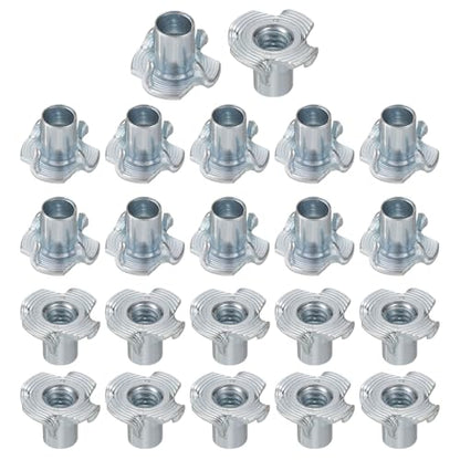 HARFINGTON 1/4x6mm T-Nuts 4 Pronged Tee Nut 0.69" x 0.24" Half Thread Carbon Steel Inserts for Wood, Rock Climbing Holds, Cabinetry, Furniture 50pcs - size: 1/4" x 0.24" x 0.69" x 0.24"