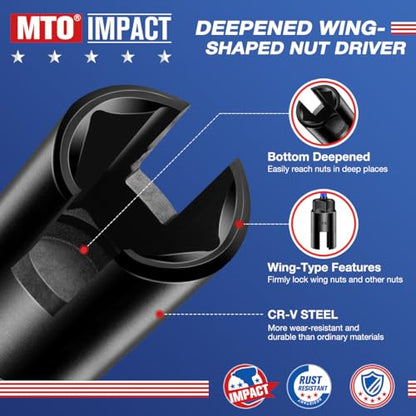 MTO Wing Nut Driver Set 4PCS, 9mm 12mm 15mm 18mm, 1/4” Hex Shank Wing Nut Driver Bit Set, for Hook Bolt Installation, Wire Twisting