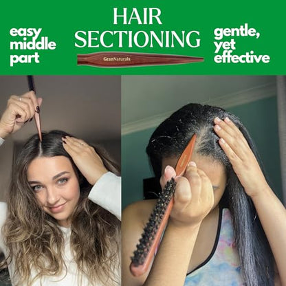 GranNaturals Teasing Boar Bristle Hair Brush for Women - Slick Back Comb with Rat Tail Pick for Hair Sectioning Used for Edge Control, Backcombing, Smoothing, and Styling Fine Hair to Create Volume