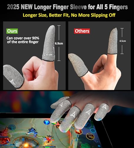 Longer Size for 5 Fingers, No More Slipping,Professional Pure Silver Fiber Finger Sleeves for Mobile Gaming– Maximum Touch Sensitivity, Anti-Sweat,6 Pack (M) - size: M