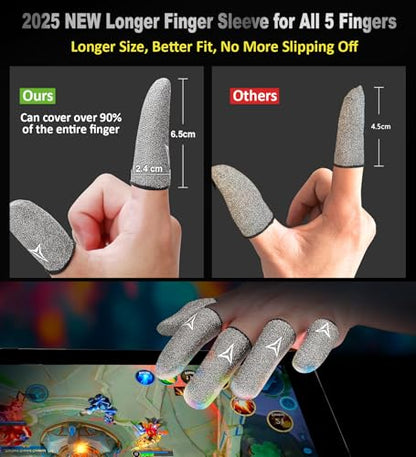 Longer Size for 5 Fingers, No More Slipping,Professional Pure Silver Fiber Finger Sleeves for Mobile Gaming– Maximum Touch Sensitivity, Anti-Sweat,6 Pack (M) - size: M