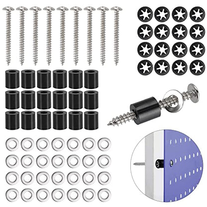 43 Set (172Pcs) Pegboard Mounting spacers and Screws Kit, Peg Boards Installation Hardware Accessories. Include Sturdy Screws, Spacers,Washers and Lock Clips for 1/8 Inch and 1/4 Inch Pegboard