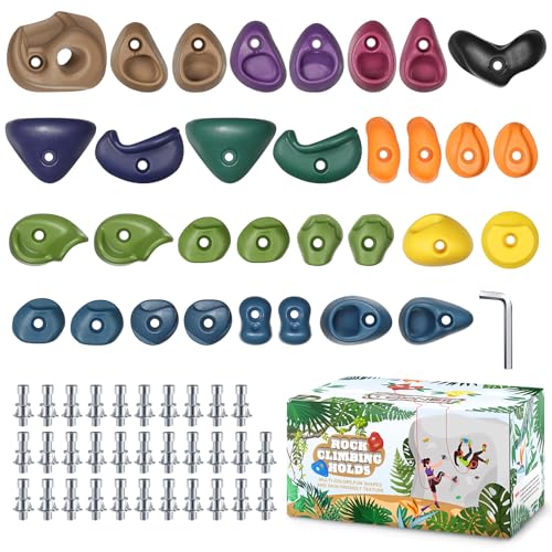 TOPNEW 32PCS Rock Climbing Holds with Mounting Hardware - Climbing Rocks for Indoor/Outdoor Kids Adults Rock Wall, Play Set & Climbing Gym, Dark Color - style: 32 Pcs-Dark Color