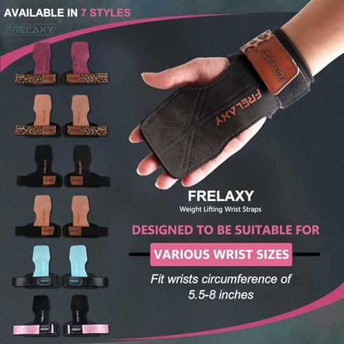 Frelaxy Lifting Wrist Straps for Women and Men, Weight Lifting Grips | Double-layer leather, Cushioned wrist support, Durable construction, Storage pouch, Deadlifts, rows, lat pulldowns - color: Black/Leopard