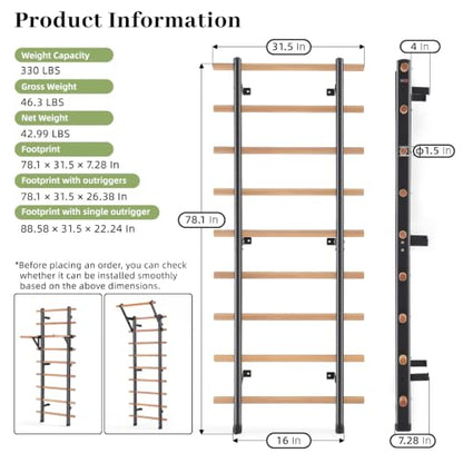 DHT Wood Stall Bar, Swedish Ladder Suspension Trainer with 9 Strategic Rods, for Home, Gym, School and Clinics, Black - color: WA2