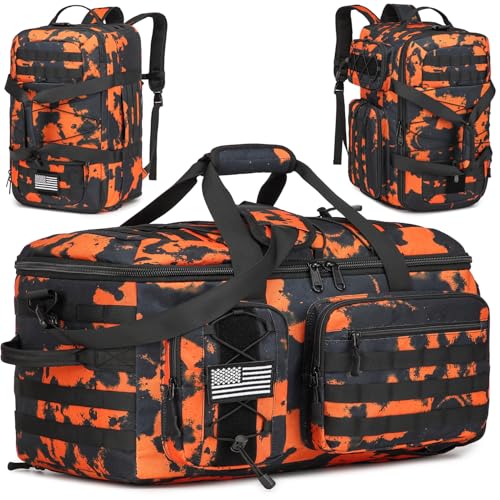 50L Gym Bag for Men and Women, 3-in-1 Duffle Bag for Travel Sports with Shoe Compartment, Military Tactical Backpack for Overnight Weekender Workout - color: Orange Graffiti, size: 50L