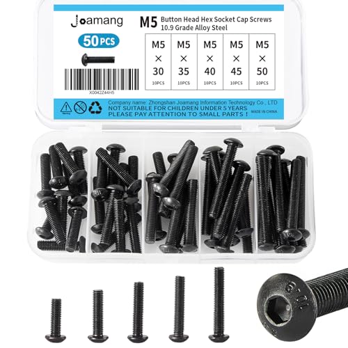 M5 x 30mm 35mm 40mm 45mm 50mm Button Head Socket Cap Screws Bolts, 10.9 Grade Alloy Steel, Black Oxide Finish, Metric Allen Hex Drive, Fully Threaded, Assortment Kit 50Pcs - size: Button M5x30-50 mm