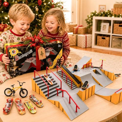 14-in-1 Fingerboard Skate Park Toy Set for Kids with 8 Skateboards and Bike | Modular fingerboard skatepark, Multiple layouts, Smooth-edge ABS ramps, Half pipe and rails, Fits most standard fingerboards - color: 14in1-yellow