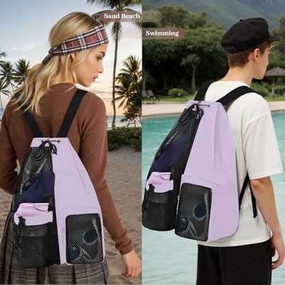 Beach Backpack with Wet Pocket Drawstring Mesh Beach Bag Waterproof Swimming Pool Backpack for Men and Women - color: Purple