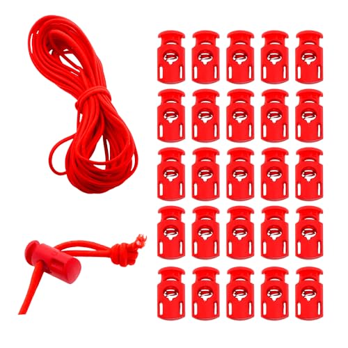 Mandala Crafts Red Shock Cord & Cord Locks for Elastic Drawstrings | 10 YDs Bungee String, 25 Spring Toggle Clips, End Stopper Clamps, for Shoelaces, Paracord, Jackets, Hoodies, Backpacks - color: Red