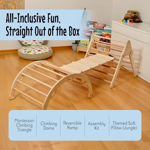 Montessori Wooden Climbing Set for Kids | Montessori Climbing Triangle Climbing Dome Ramp and Pillow | Montessori Climbing Frame Set for Toddler | Montessori Playground | Kids Play Gym(Jungle) - style: Jungle
