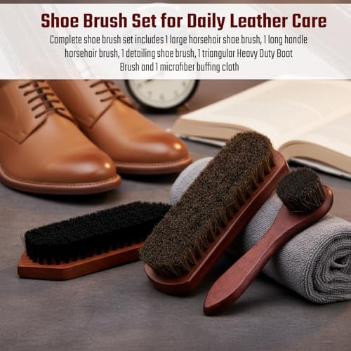 Vesici 3 Pcs Boot Brush Shoe Cleaning Horsehair Brush Wood Handled Shoe Cleaner Tool for Leather Care Dirt Scrubber Women Men Home Accessories